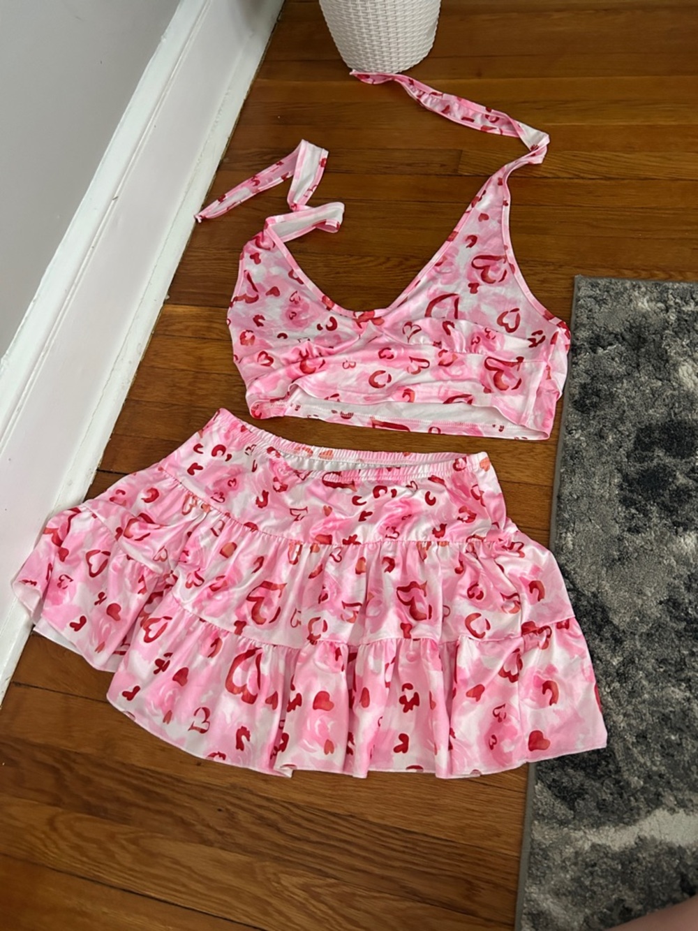 Pink Heart-Print Tiered Skater Skirt - Women's
